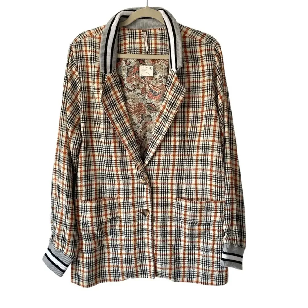 Free People NWTs Victoria Track Blazer plaid Black Yellow size large
